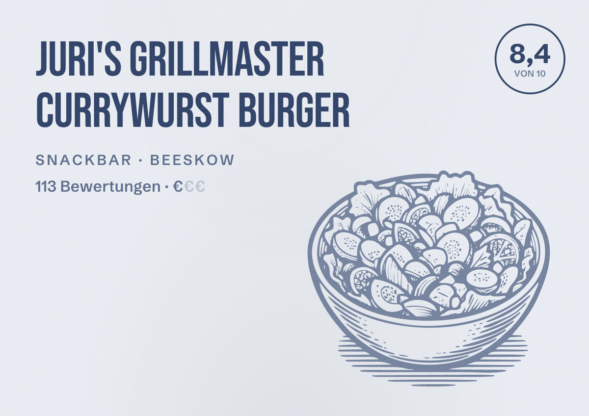 Illustriertes Poster von Juri's Grillmaster Currywurst Burger, Snackbar in Beeskow: Bewertung 8,4 von 10 aus 113 Bewertungen, Preisniveau €
