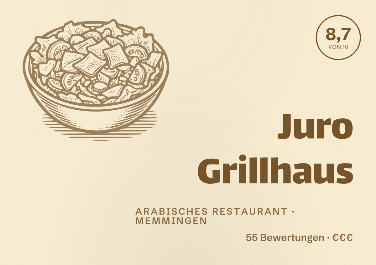 Illustriertes Poster von Juro Grillhaus, Arabisches Restaurant in Memmingen: Bewertung 8,7 von 10 aus 55 Bewertungen, Preisniveau €€€