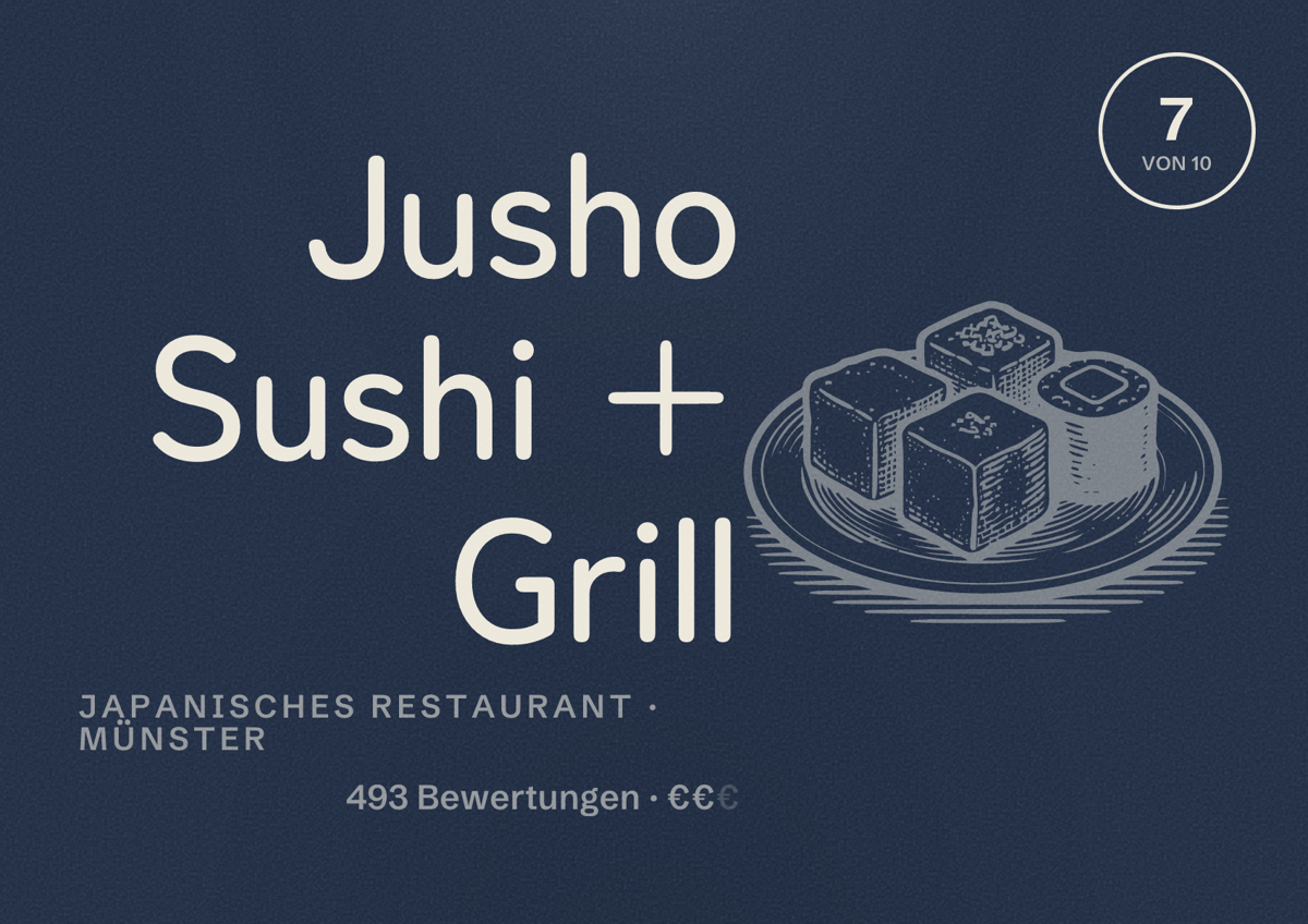 Illustriertes Poster von Jusho Sushi + Grill, Japanisches Restaurant in Münster: Bewertung 7 von 10 aus 493 Bewertungen, Preisniveau €€