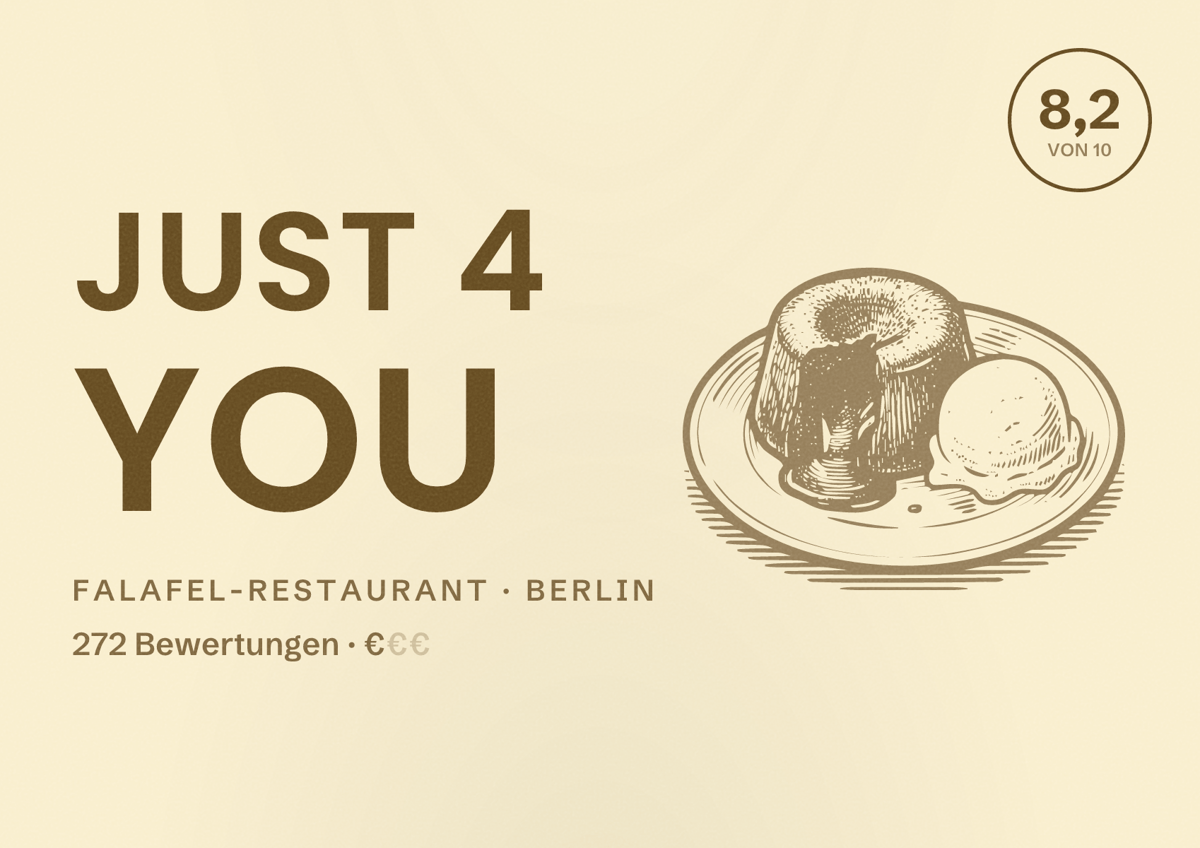Illustriertes Poster von Just 4 you, Falafel-Restaurant in Berlin: Bewertung 8,2 von 10 aus 272 Bewertungen, Preisniveau €