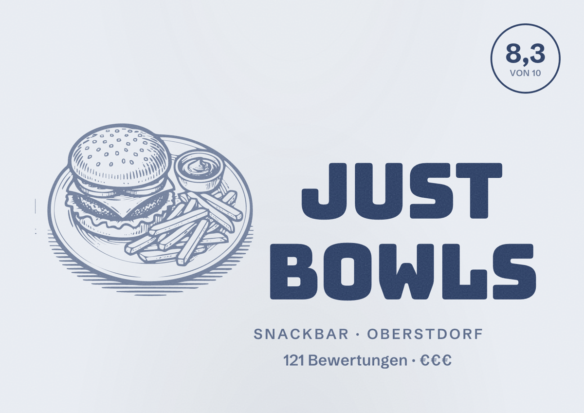 Illustriertes Poster von Just Bowls, Snackbar in Oberstdorf: Bewertung 8,3 von 10 aus 121 Bewertungen, Preisniveau €€€