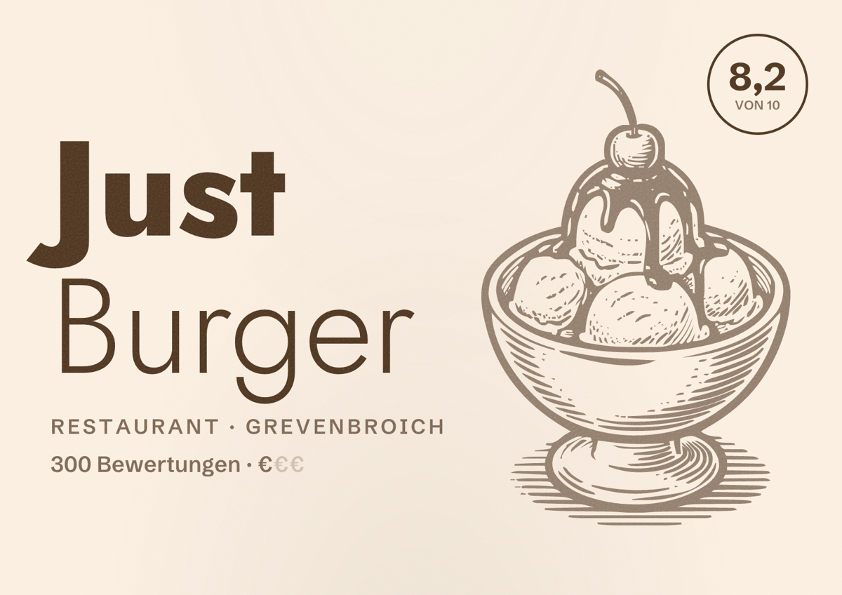 Illustriertes Poster von Just Burger, Restaurant in Grevenbroich: Bewertung 8,2 von 10 aus 300 Bewertungen, Preisniveau €