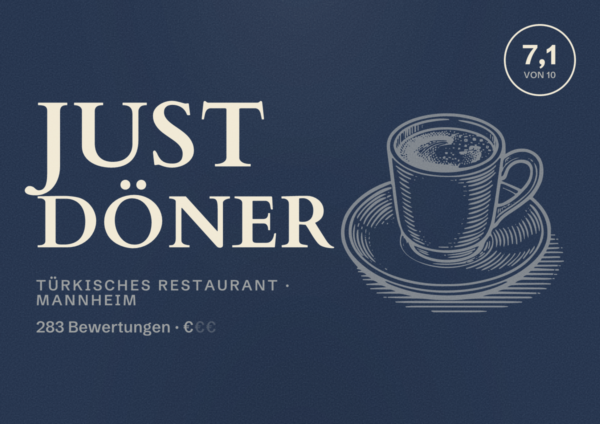 Illustriertes Poster von Just Döner, Türkisches Restaurant in Mannheim: Bewertung 7,1 von 10 aus 283 Bewertungen, Preisniveau €