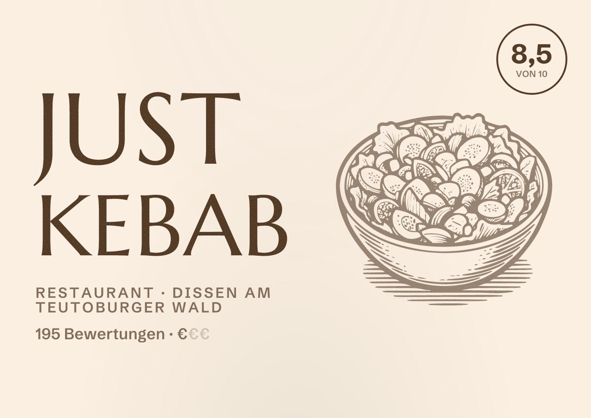 Illustriertes Poster von Just Kebab, Restaurant in Dissen am Teutoburger Wald: Bewertung 8,5 von 10 aus 195 Bewertungen, Preisniveau €