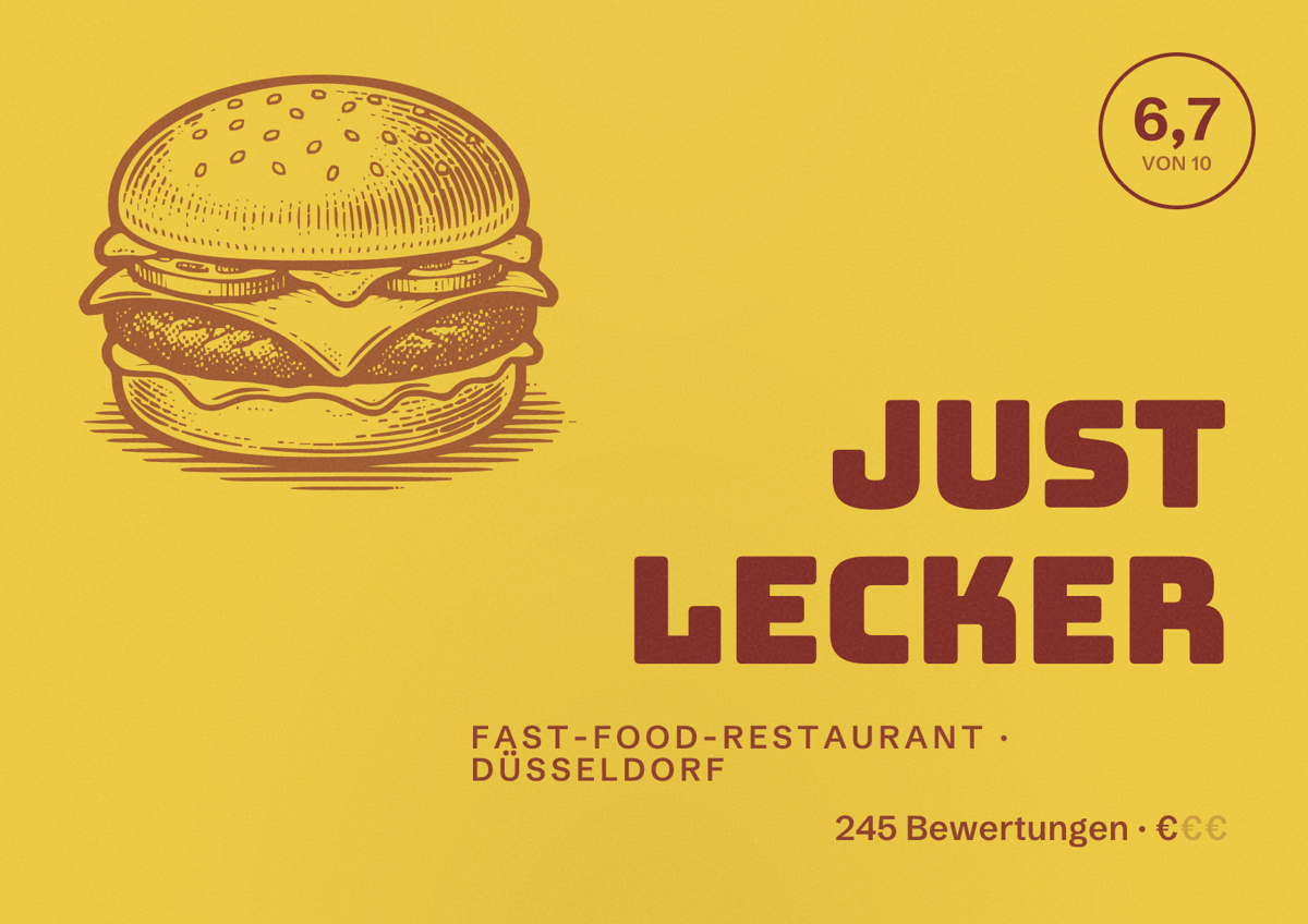 Illustriertes Poster von Just Lecker, Fast-Food-Restaurant in Düsseldorf: Bewertung 6,7 von 10 aus 245 Bewertungen, Preisniveau €