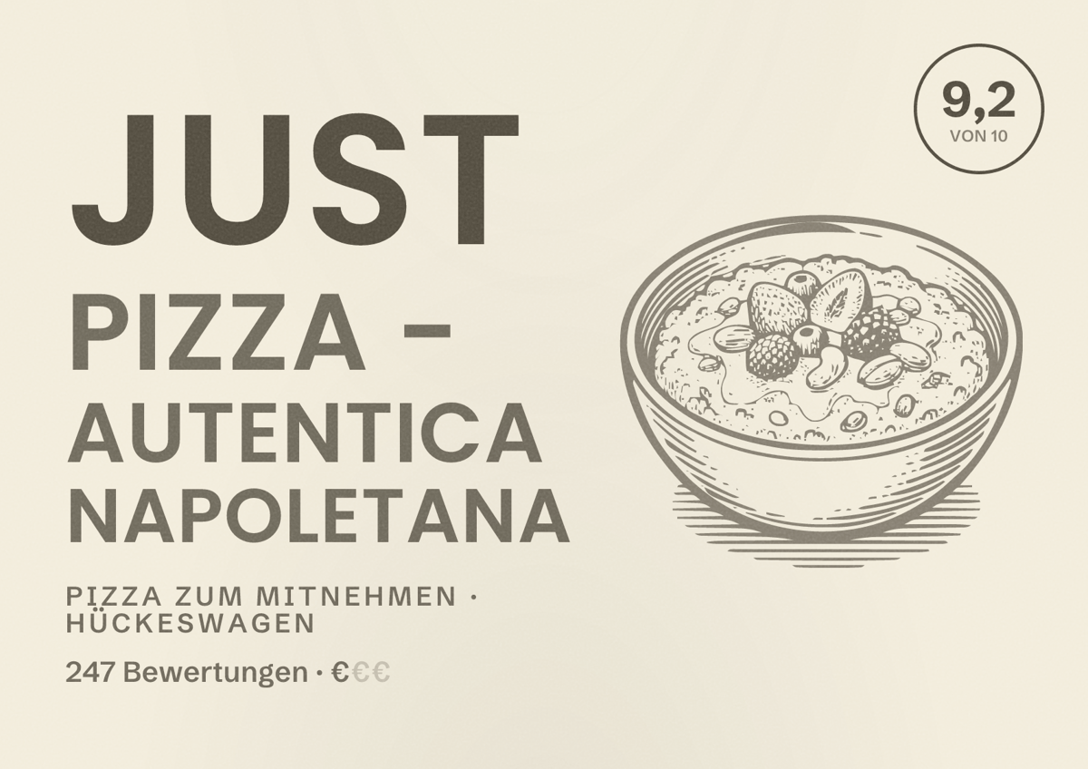 Illustriertes Poster von Just Pizza - autentica napoletana, Pizza zum Mitnehmen in Hückeswagen: Bewertung 9,2 von 10 aus 247 Bewertungen, Preisniveau €