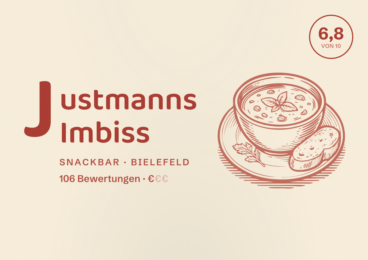 Illustriertes Poster von Justmanns Imbiss, Snackbar in Bielefeld: Bewertung 6,8 von 10 aus 106 Bewertungen, Preisniveau €
