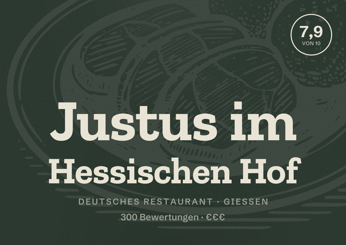 Illustriertes Poster von Justus im Hessischen Hof, Deutsches Restaurant in Gießen: Bewertung 7,9 von 10 aus 300 Bewertungen, Preisniveau €€€
