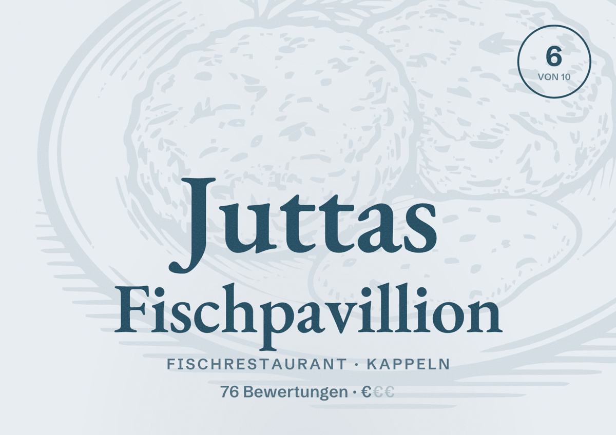 Illustriertes Poster von Juttas Fischpavillion, Fischrestaurant in Kappeln: Bewertung 6 von 10 aus 76 Bewertungen, Preisniveau €