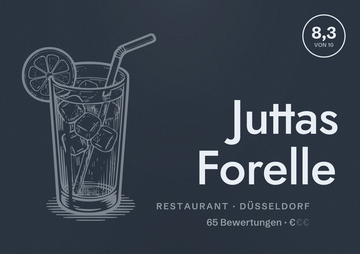 Illustriertes Poster von Juttas Forelle, Restaurant in Düsseldorf: Bewertung 8,3 von 10 aus 65 Bewertungen, Preisniveau €