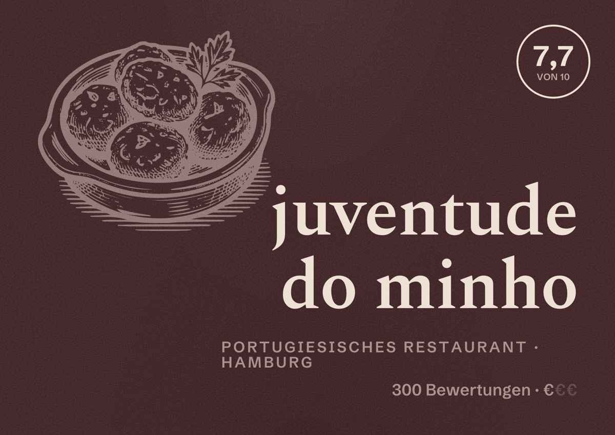 Illustriertes Poster von juventude do minho, Portugiesisches Restaurant in Hamburg: Bewertung 7,7 von 10 aus 300 Bewertungen, Preisniveau €