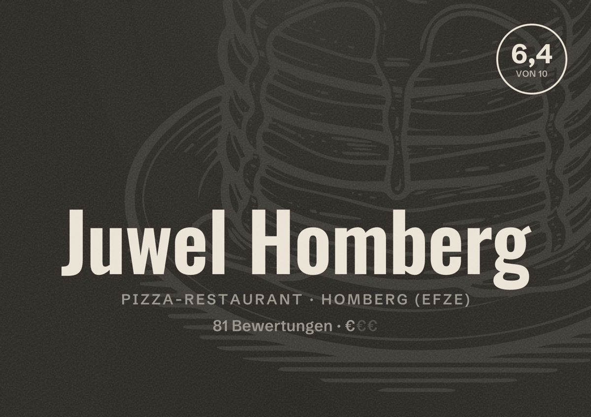 Illustriertes Poster von Juwel Homberg, Pizza-Restaurant in Homberg (Efze): Bewertung 6,4 von 10 aus 81 Bewertungen, Preisniveau €
