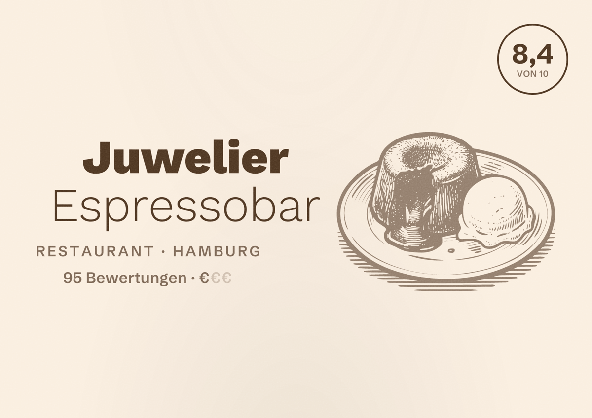 Illustriertes Poster von Juwelier Espressobar, Restaurant in Hamburg: Bewertung 8,4 von 10 aus 95 Bewertungen, Preisniveau €