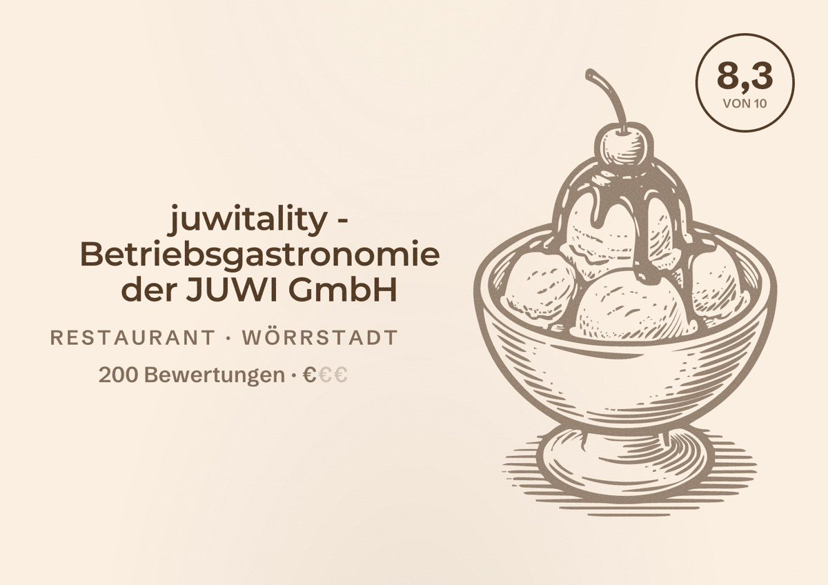 Illustriertes Poster von juwitality - Betriebsgastronomie der JUWI GmbH, Restaurant in Wörrstadt: Bewertung 8,3 von 10 aus 200 Bewertungen, Preisniveau €