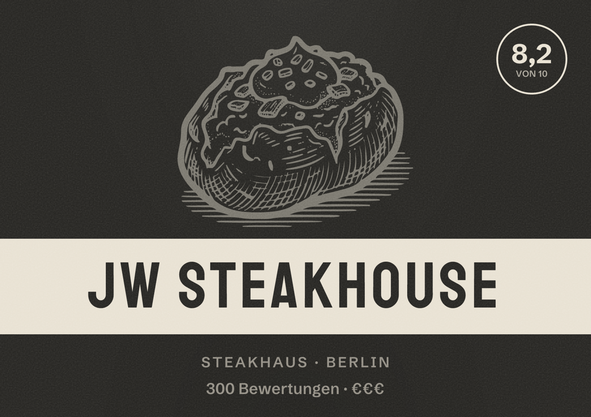 Illustriertes Poster von JW Steakhouse, Steakhaus in Berlin: Bewertung 8,2 von 10 aus 300 Bewertungen, Preisniveau €€€