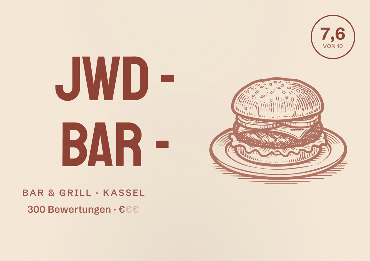 Illustriertes Poster von JWD - BAR -, Bar & Grill in Kassel: Bewertung 7,6 von 10 aus 300 Bewertungen, Preisniveau €