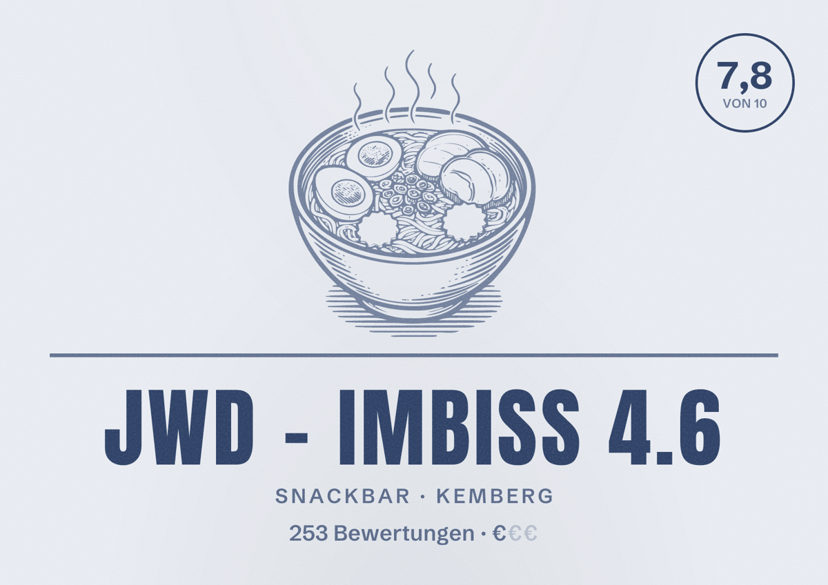 Illustriertes Poster von JWD - Imbiss 4.6, Snackbar in Kemberg: Bewertung 7,8 von 10 aus 253 Bewertungen, Preisniveau €