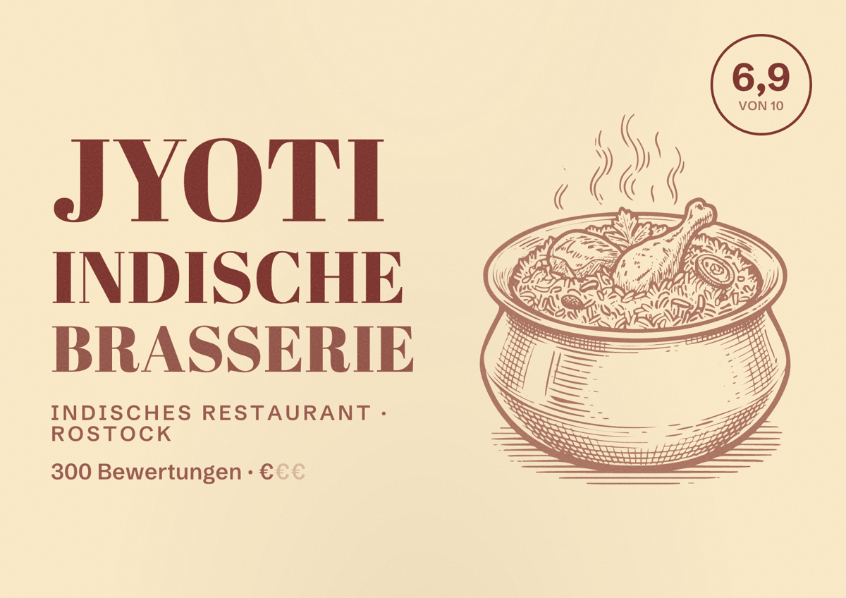 Illustriertes Poster von Jyoti Indische Brasserie, Indisches Restaurant in Rostock: Bewertung 6,9 von 10 aus 300 Bewertungen, Preisniveau €