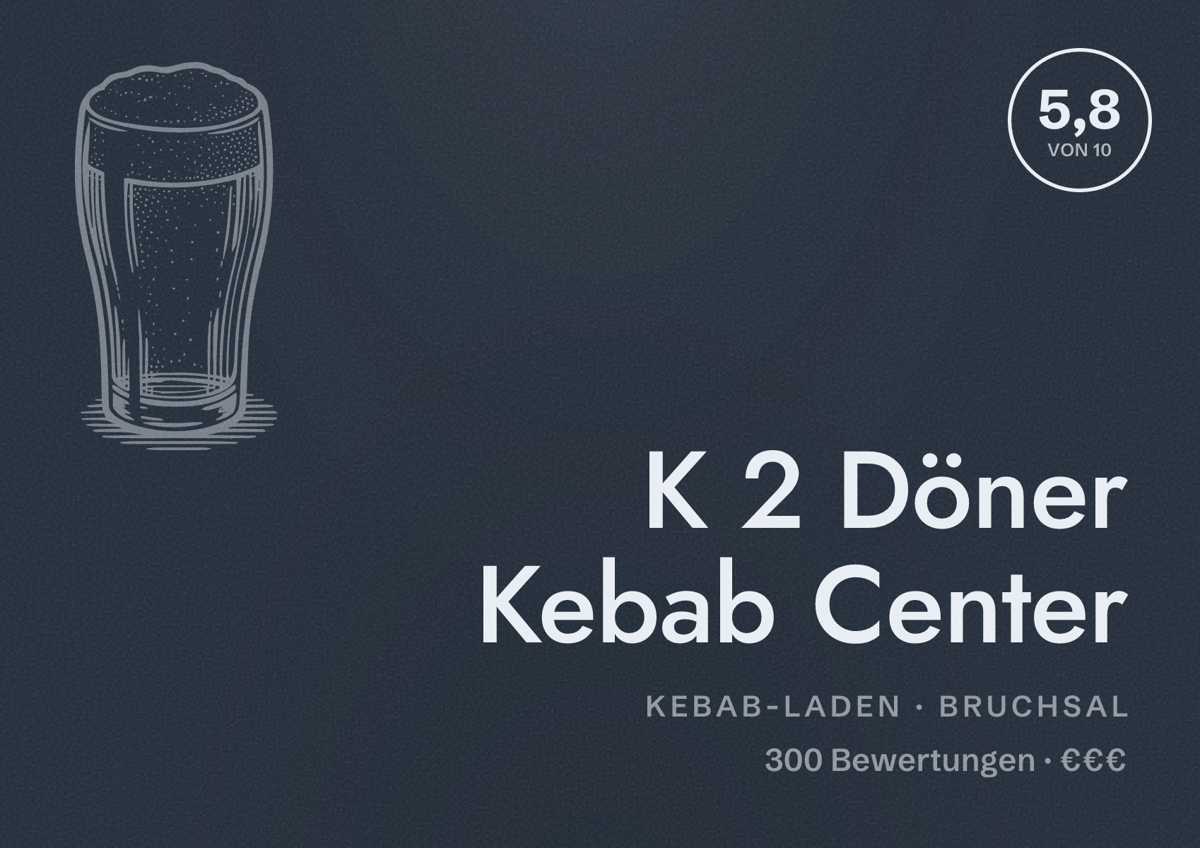 Illustriertes Poster von K 2 Döner Kebab Center, Kebab-Laden in Bruchsal: Bewertung 5,8 von 10 aus 300 Bewertungen, Preisniveau €€€