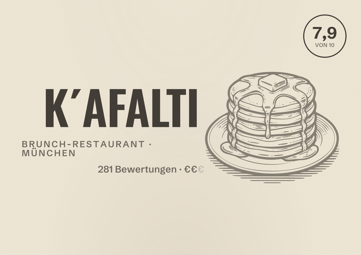 Illustriertes Poster von K´AFALTI, Brunch-Restaurant in München: Bewertung 7,9 von 10 aus 281 Bewertungen, Preisniveau €€