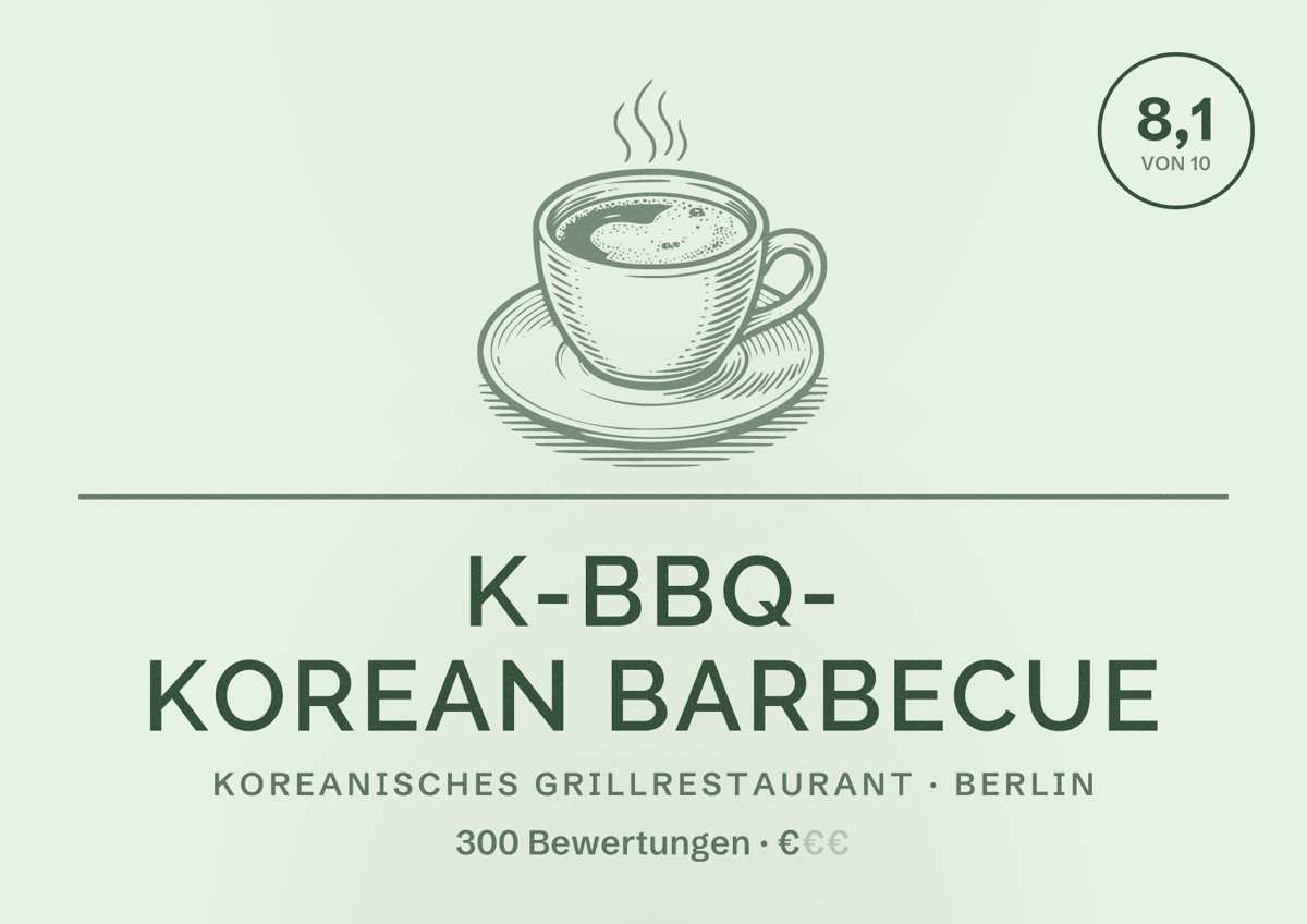 Illustriertes Poster von K-BBQ- Korean Barbecue, Koreanisches Grillrestaurant in Berlin: Bewertung 8,1 von 10 aus 300 Bewertungen, Preisniveau €