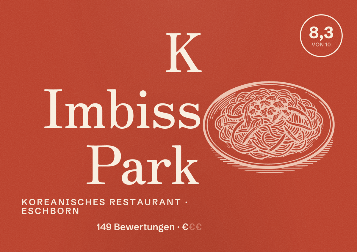 Illustriertes Poster von K Imbiss Park, Koreanisches Restaurant in Eschborn: Bewertung 8,3 von 10 aus 149 Bewertungen, Preisniveau €