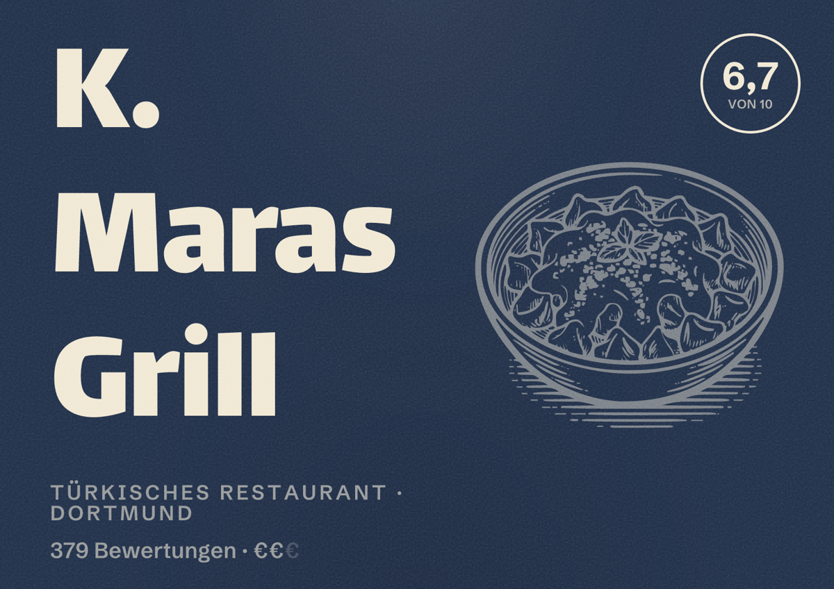 Illustriertes Poster von K. Maras Grill, Türkisches Restaurant in Dortmund: Bewertung 6,7 von 10 aus 379 Bewertungen, Preisniveau €€