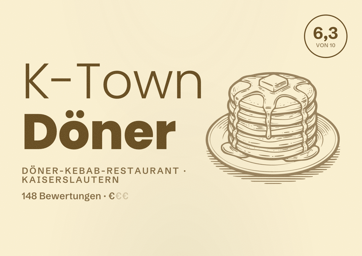 Illustriertes Poster von K-Town Döner, Döner-Kebab-Restaurant in Kaiserslautern: Bewertung 6,3 von 10 aus 148 Bewertungen, Preisniveau €