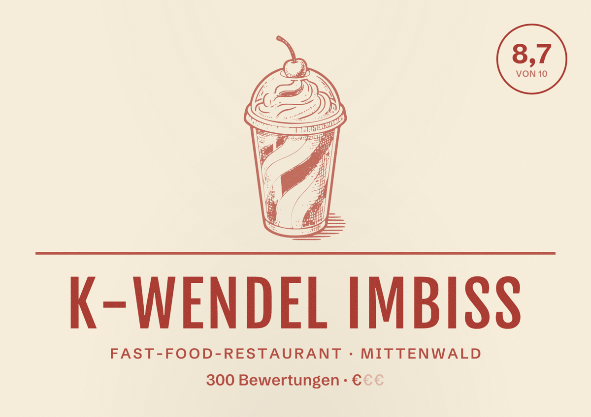 Illustriertes Poster von K-Wendel Imbiss, Fast-Food-Restaurant in Mittenwald: Bewertung 8,7 von 10 aus 300 Bewertungen, Preisniveau €