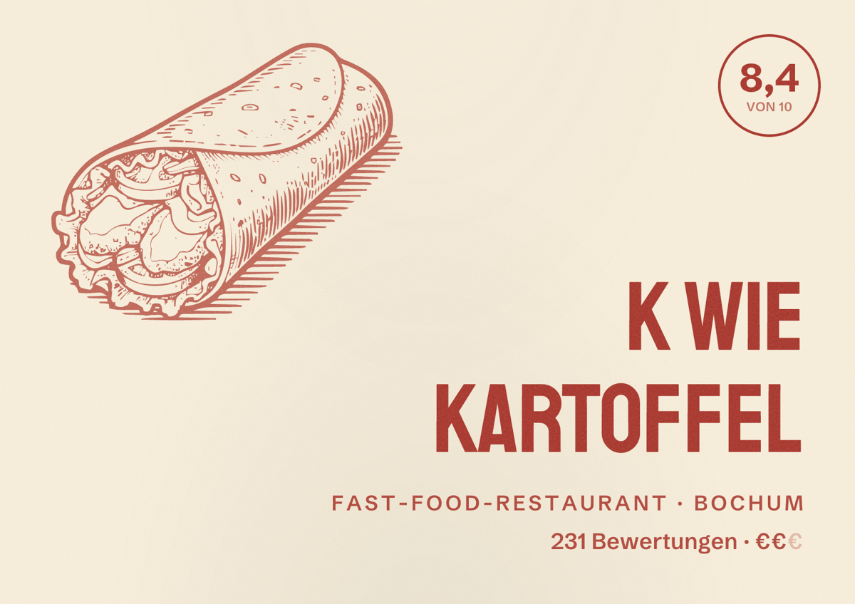 Illustriertes Poster von K wie Kartoffel, Fast-Food-Restaurant in Bochum: Bewertung 8,4 von 10 aus 231 Bewertungen, Preisniveau €€