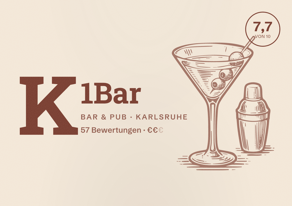 Illustriertes Poster von K1Bar, Bar & Pub in Karlsruhe: Bewertung 7,7 von 10 aus 57 Bewertungen, Preisniveau €€