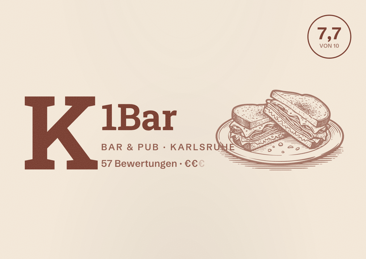 Illustriertes Poster von K1Bar, Bar & Pub in Karlsruhe: Bewertung 7,7 von 10 aus 57 Bewertungen, Preisniveau €€