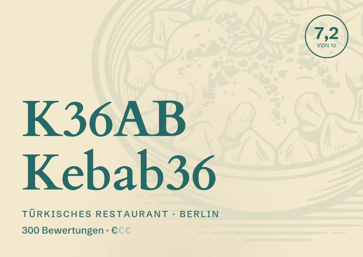 Illustriertes Poster von K36AB Kebab36, Türkisches Restaurant in Berlin: Bewertung 7,2 von 10 aus 300 Bewertungen, Preisniveau €