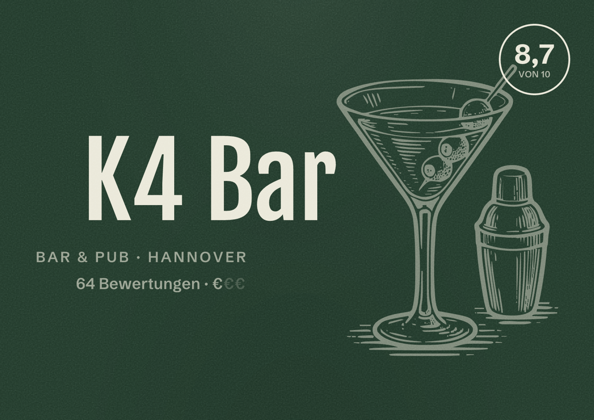 Illustriertes Poster von K4 Bar, Bar & Pub in Hannover: Bewertung 8,7 von 10 aus 64 Bewertungen, Preisniveau €