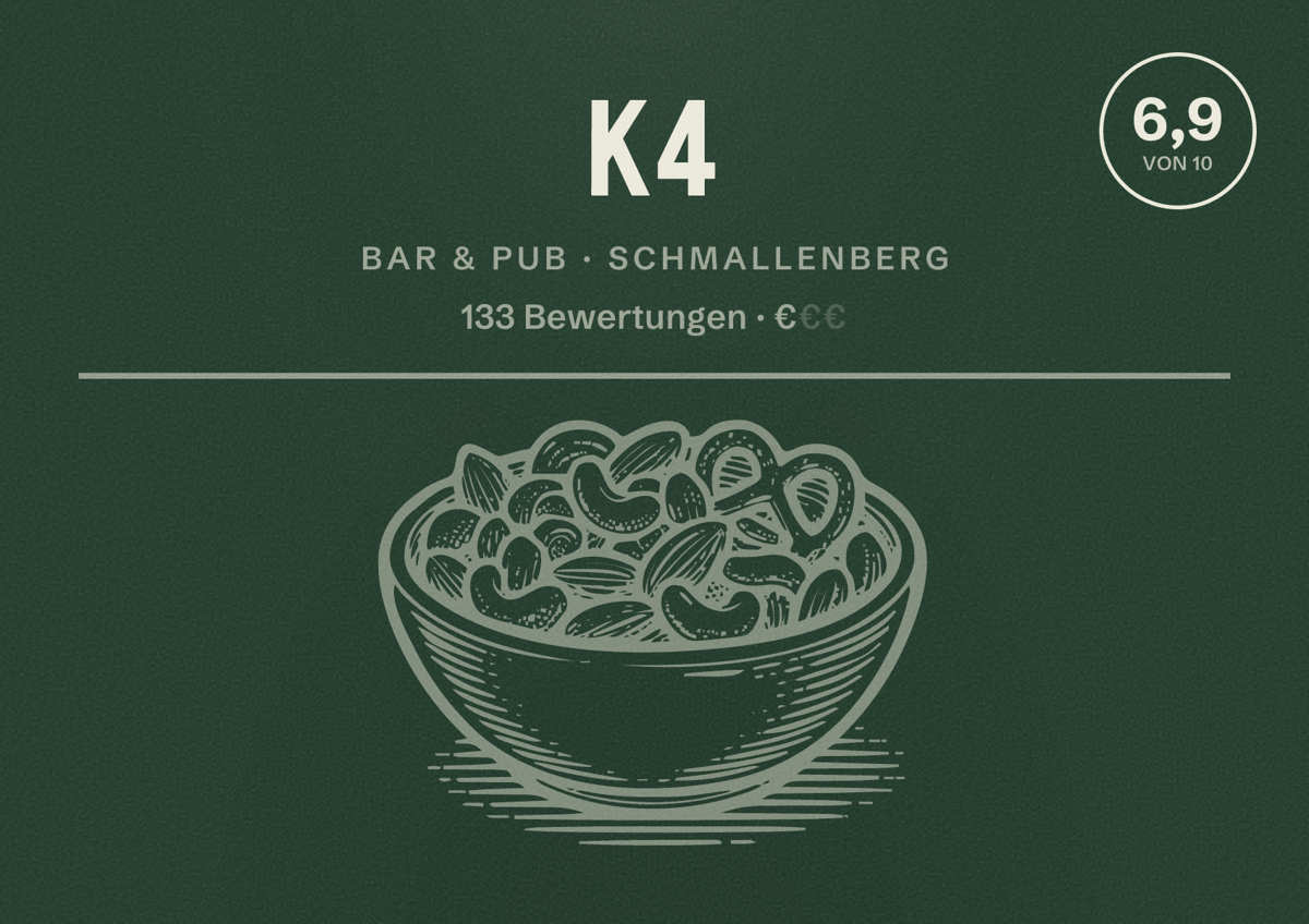 Illustriertes Poster von K4, Bar & Pub in Schmallenberg: Bewertung 6,9 von 10 aus 133 Bewertungen, Preisniveau €