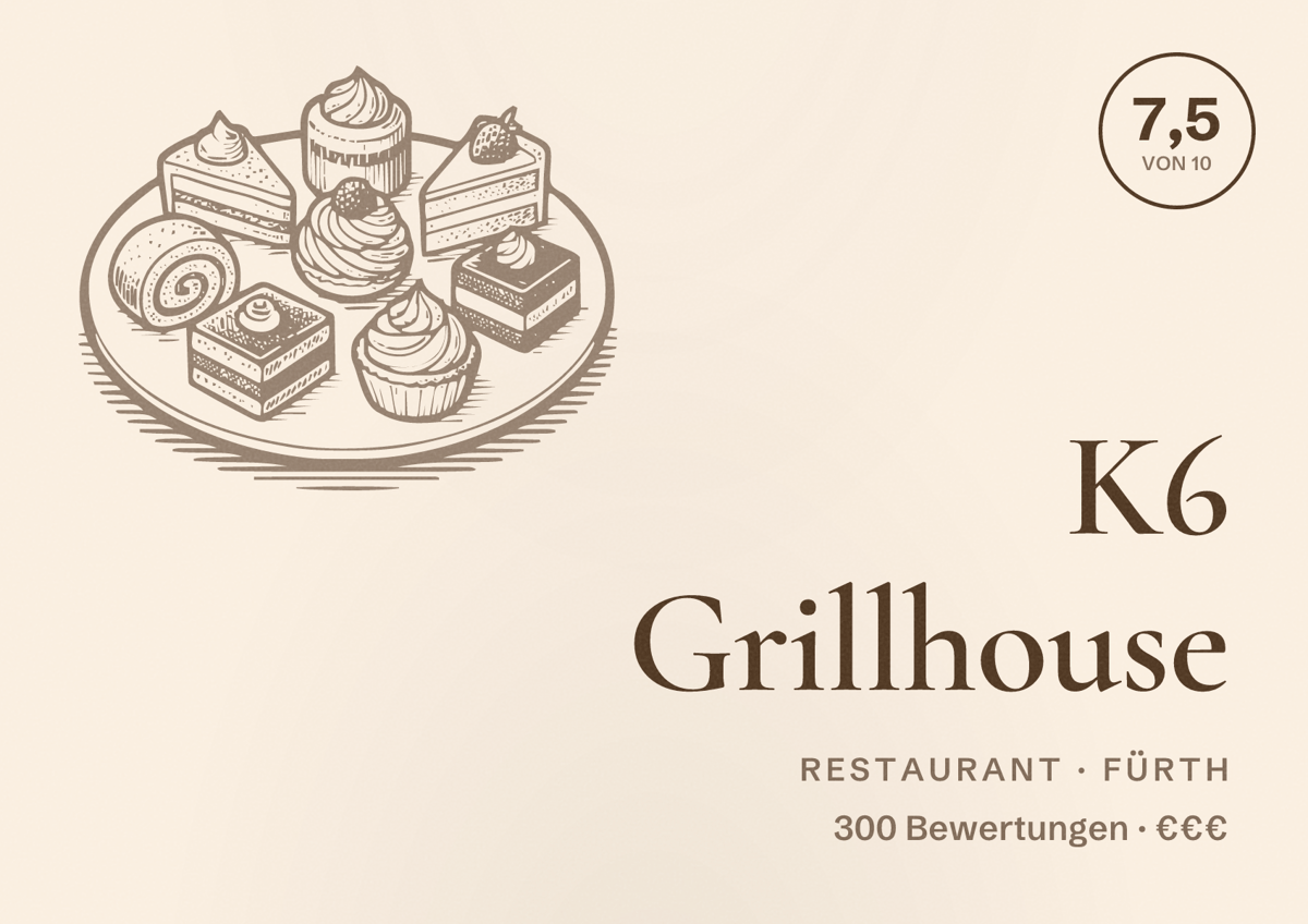 Illustriertes Poster von K6 Grillhouse, Restaurant in Fürth: Bewertung 7,5 von 10 aus 300 Bewertungen, Preisniveau €€€