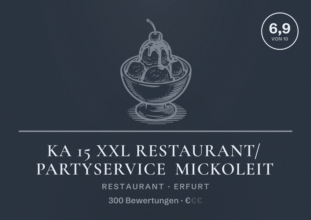 Illustriertes Poster von KA 15 XXL Restaurant/ Partyservice Mickoleit, Restaurant in Erfurt: Bewertung 6,9 von 10 aus 300 Bewertungen, Preisniveau €