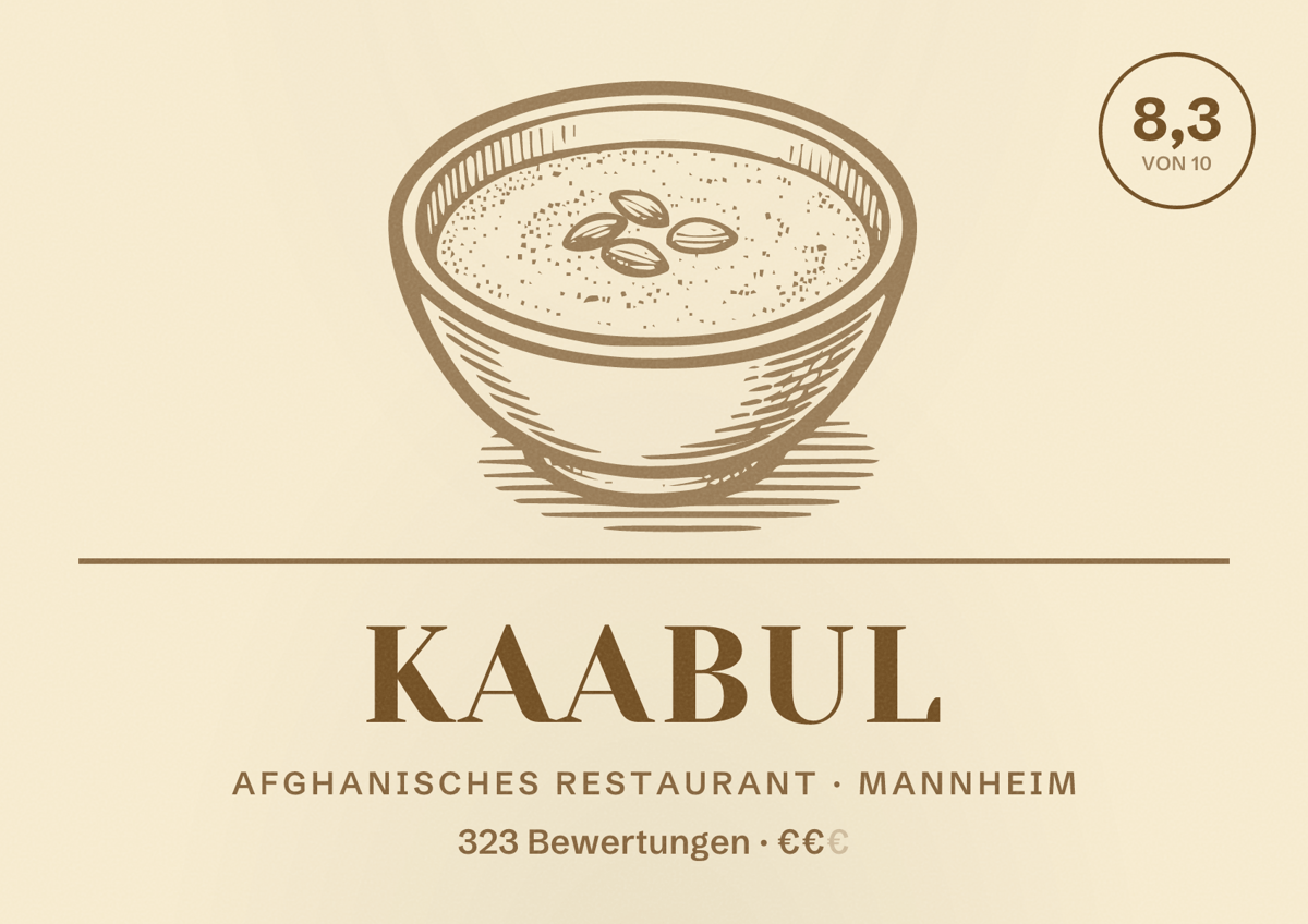 Illustriertes Poster von kaabul, Afghanisches Restaurant in Mannheim: Bewertung 8,3 von 10 aus 323 Bewertungen, Preisniveau €€
