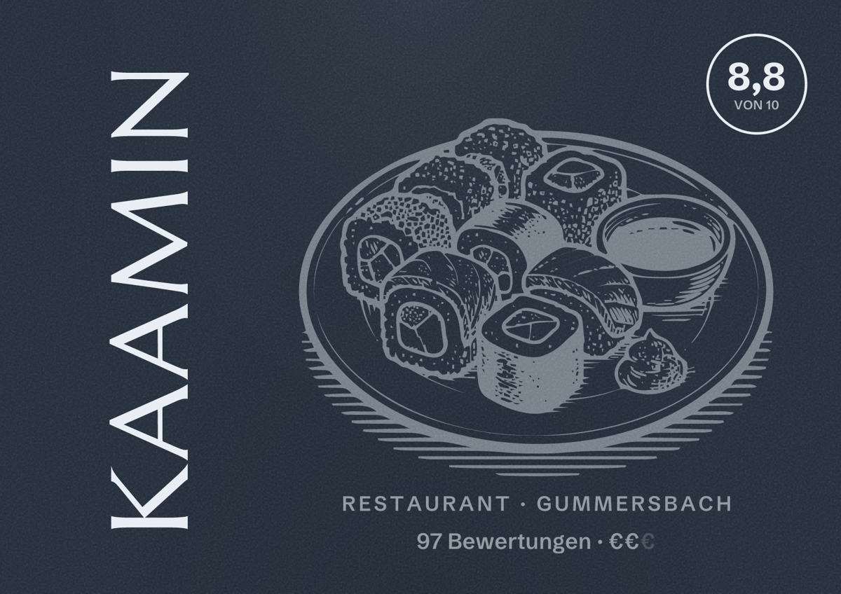 Illustriertes Poster von kaamin, Restaurant in Gummersbach: Bewertung 8,8 von 10 aus 97 Bewertungen, Preisniveau €€