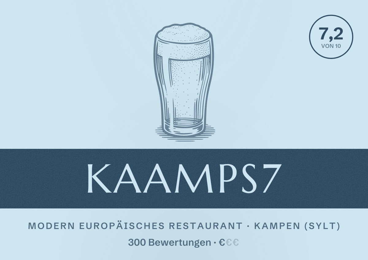 Illustriertes Poster von Kaamps7, Modern europäisches Restaurant in Kampen (Sylt): Bewertung 7,2 von 10 aus 300 Bewertungen, Preisniveau €