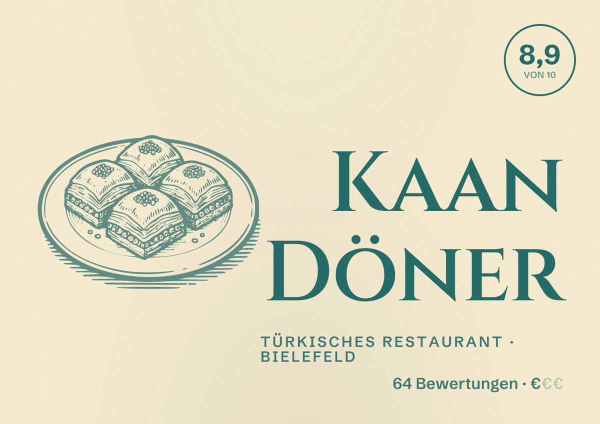 Illustriertes Poster von Kaan Döner, Türkisches Restaurant in Bielefeld: Bewertung 8,9 von 10 aus 64 Bewertungen, Preisniveau €