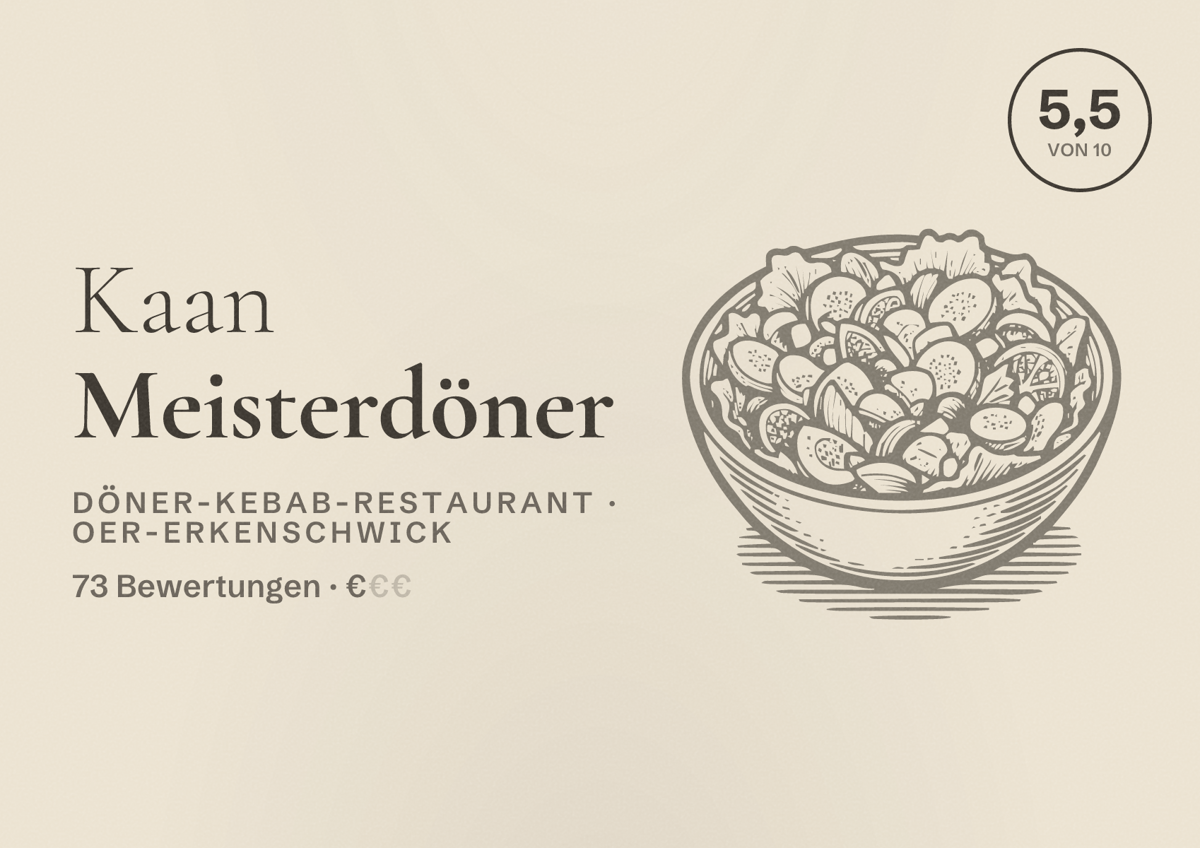 Illustriertes Poster von Kaan Meisterdöner, Döner-Kebab-Restaurant in Oer-Erkenschwick: Bewertung 5,5 von 10 aus 73 Bewertungen, Preisniveau €