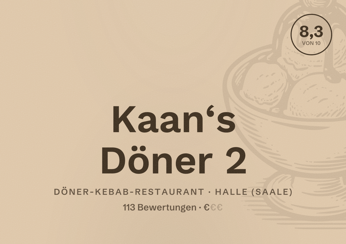 Illustriertes Poster von Kaan‘s Döner 2, Döner-Kebab-Restaurant in Halle (Saale): Bewertung 8,3 von 10 aus 113 Bewertungen, Preisniveau €