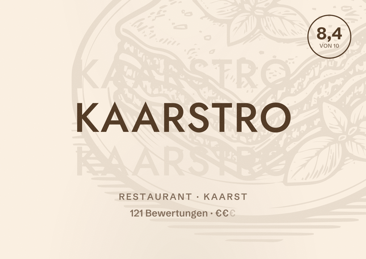 Illustriertes Poster von Kaarstro, Restaurant in Kaarst: Bewertung 8,4 von 10 aus 121 Bewertungen, Preisniveau €€