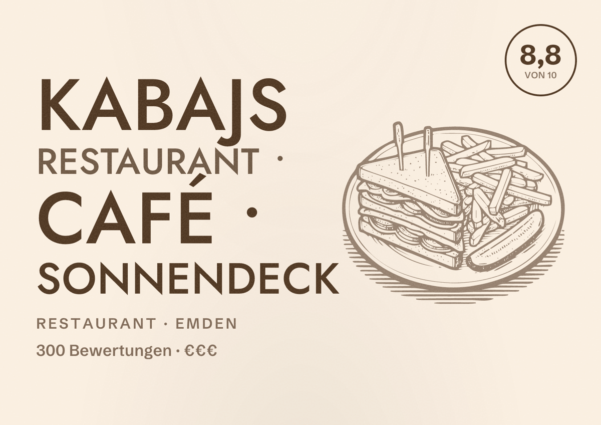 Illustriertes Poster von KABAJS Restaurant • Café • Sonnendeck, Restaurant in Emden: Bewertung 8,8 von 10 aus 300 Bewertungen, Preisniveau €€€