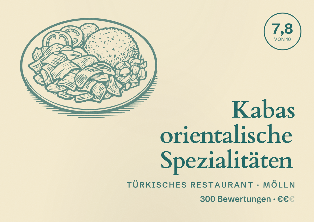 Illustriertes Poster von Kabas orientalische Spezialitäten, Türkisches Restaurant in Mölln: Bewertung 7,8 von 10 aus 300 Bewertungen, Preisniveau €€