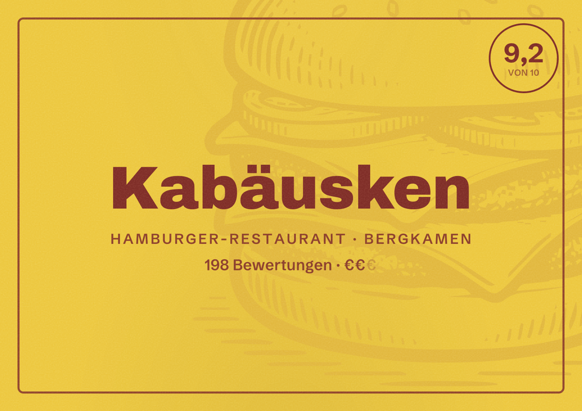 Illustriertes Poster von Kabäusken, Hamburger-Restaurant in Bergkamen: Bewertung 9,2 von 10 aus 198 Bewertungen, Preisniveau €€
