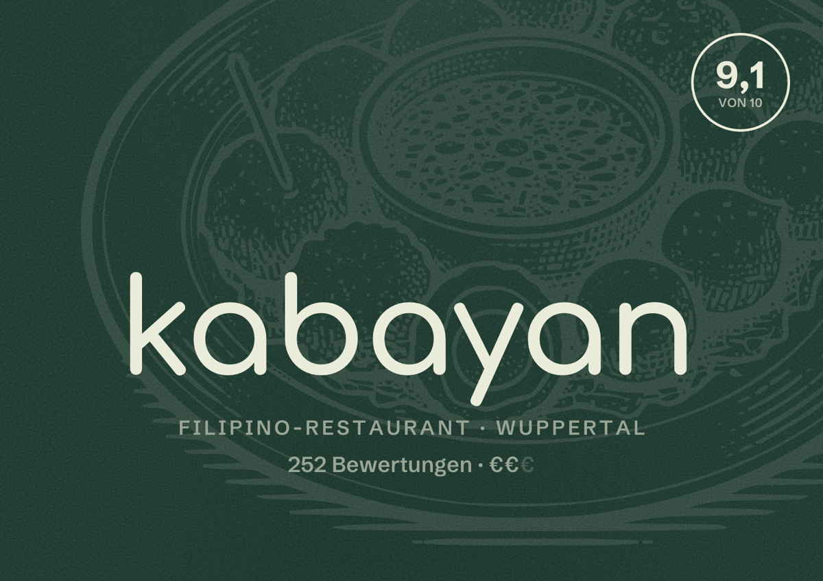 Illustriertes Poster von kabayan, Filipino-Restaurant in Wuppertal: Bewertung 9,1 von 10 aus 252 Bewertungen, Preisniveau €€