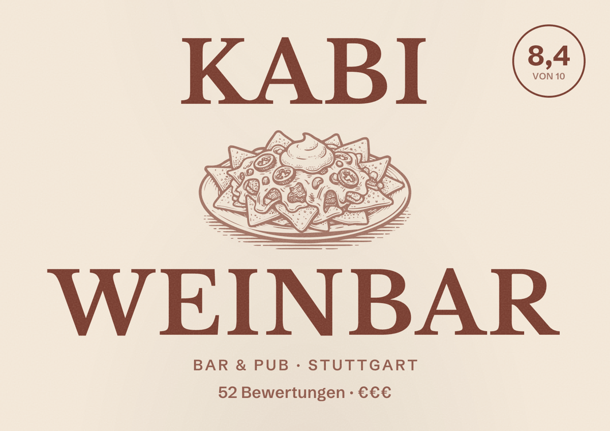 Illustriertes Poster von Kabi Weinbar, Bar & Pub in Stuttgart: Bewertung 8,4 von 10 aus 52 Bewertungen, Preisniveau €€€