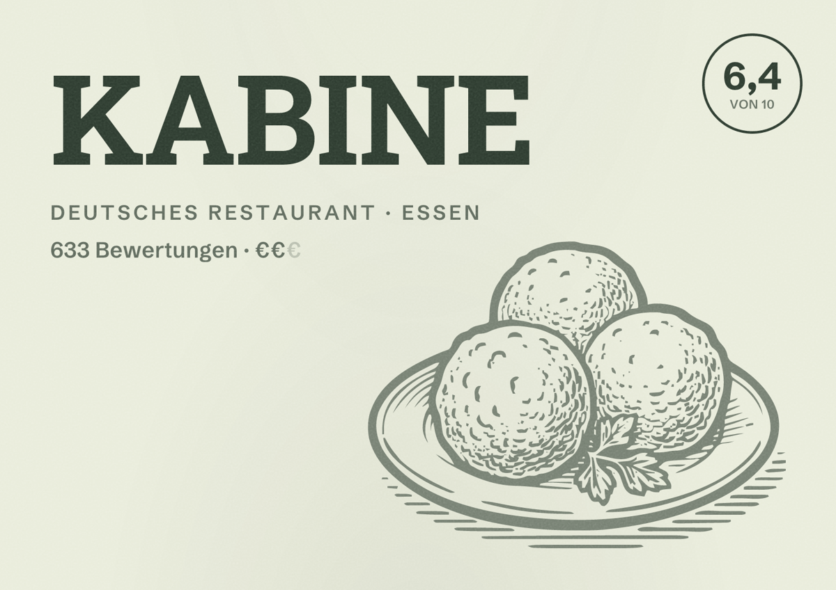 Illustriertes Poster von KABINE, Deutsches Restaurant in Essen: Bewertung 6,4 von 10 aus 633 Bewertungen, Preisniveau €€